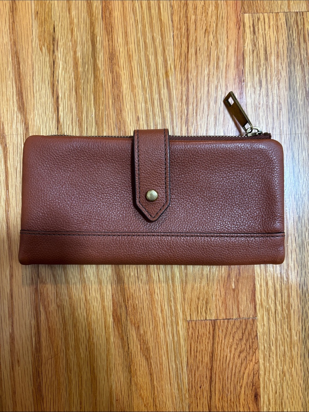 Fossil Brown Pebbled Leather Zip Wallet with Snap Tab